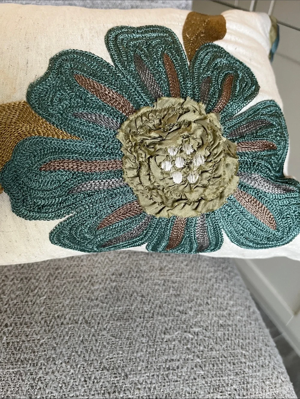Pier 1 floral embroidered textured  boho lumbar pillow olive teal ribbon trim